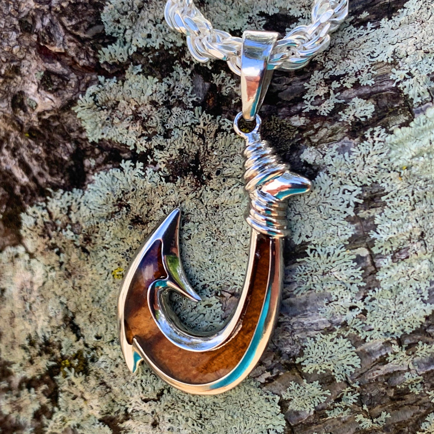 diamond fish hook jewelry Koa Honu or Fish Hook with Silver Diamond Cut Rope Chain – Showcase Hawaii