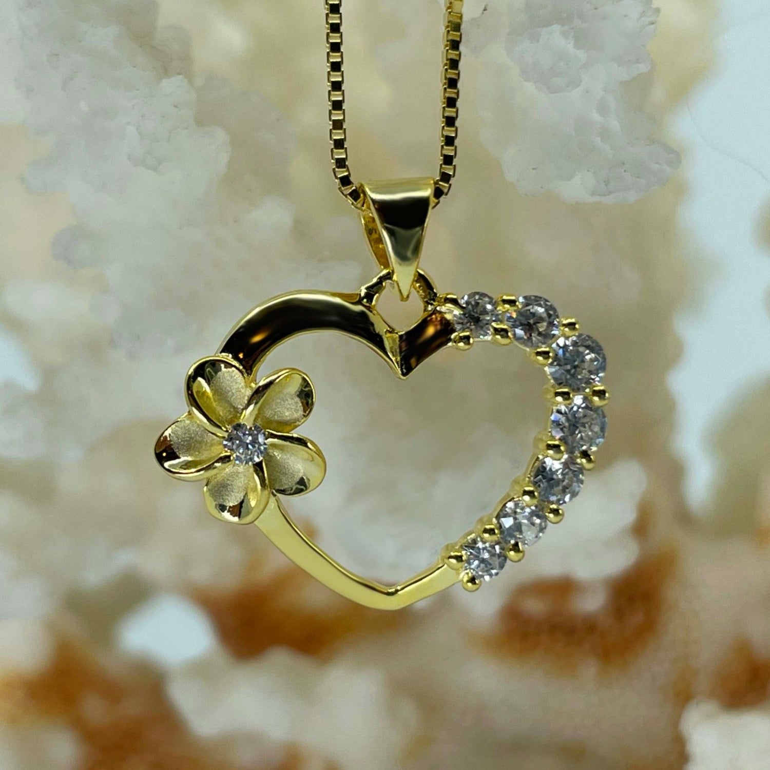 Gold Plated Plumeria Open Heart Pendant with Cubic Zirconia