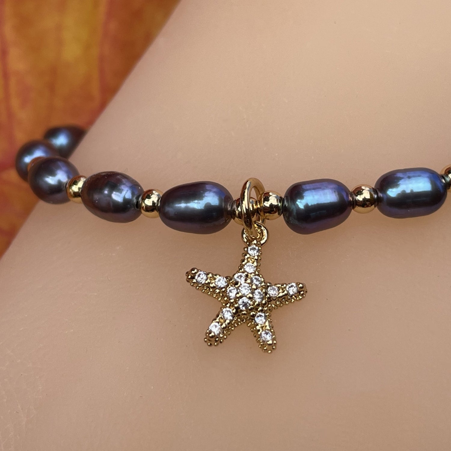Freshwater Black Pearl Adjustable Bracelet with Starfish CZ Charm