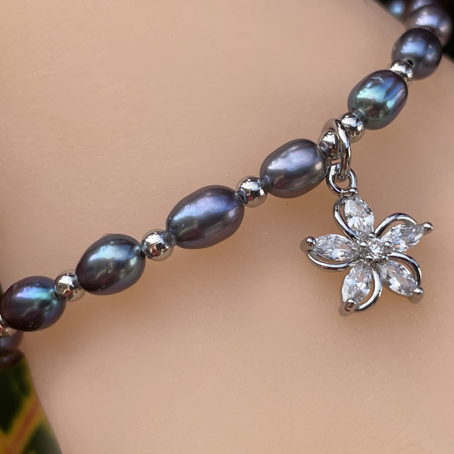 Black Freshwater Pearl & Crystal Bead Bolo Bracelet