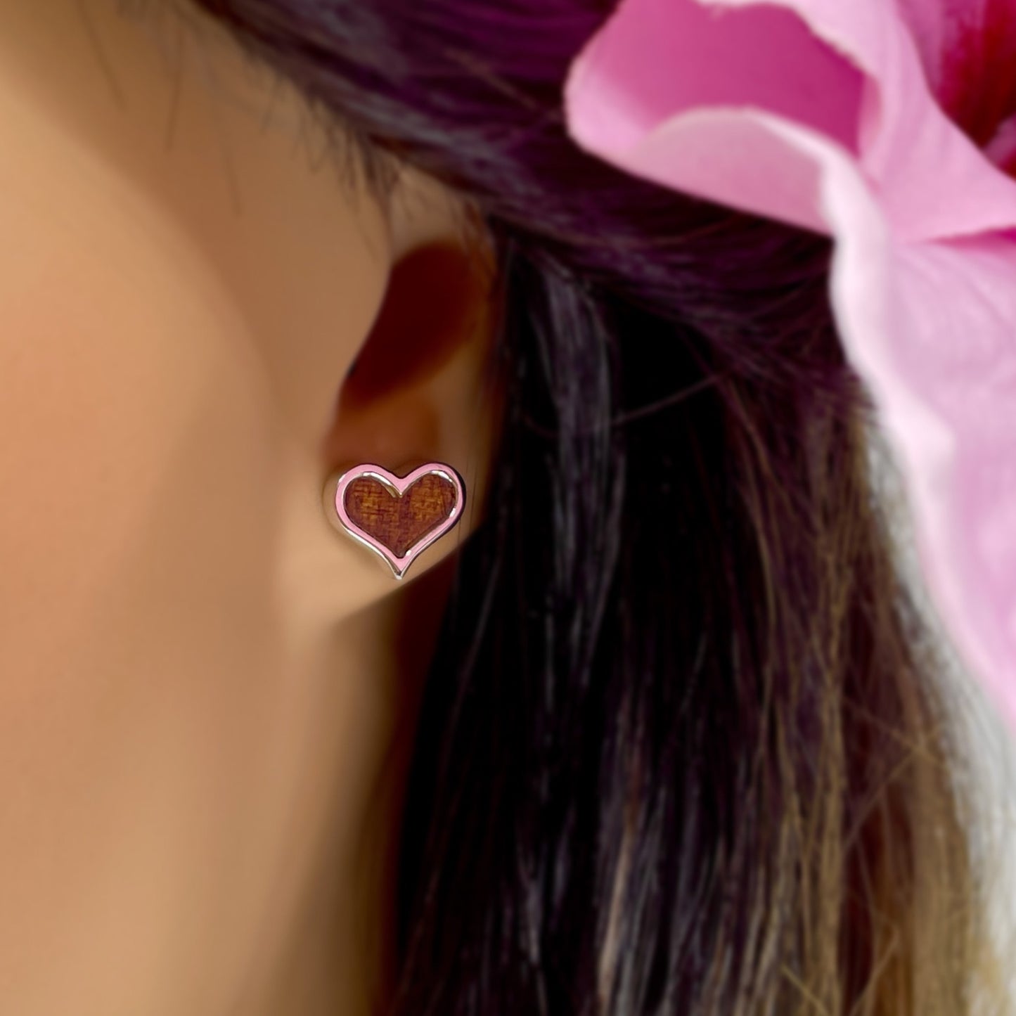 Koa Button Earring in Heart Shape