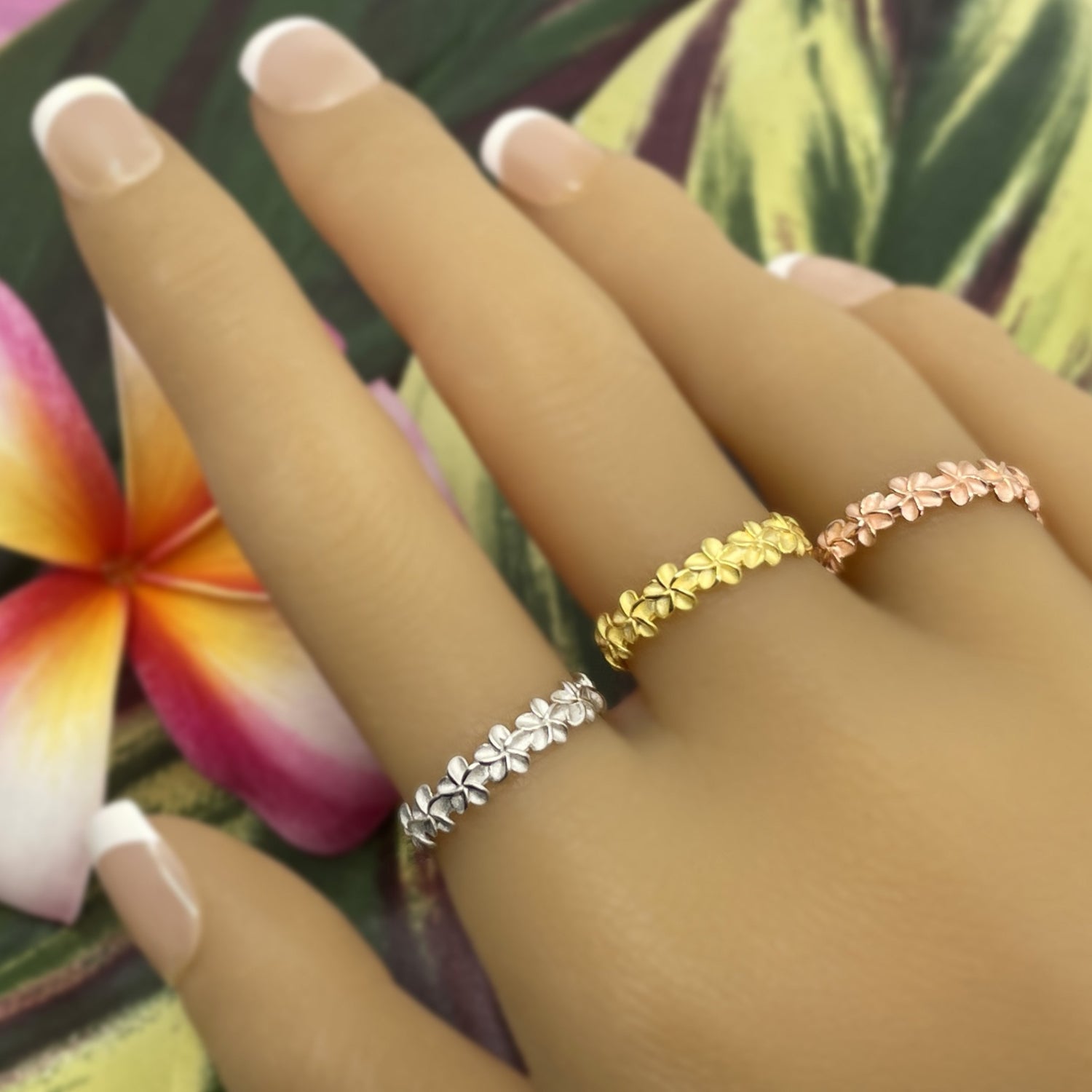 Plumeria Lei Stacking Rings in 3 colors