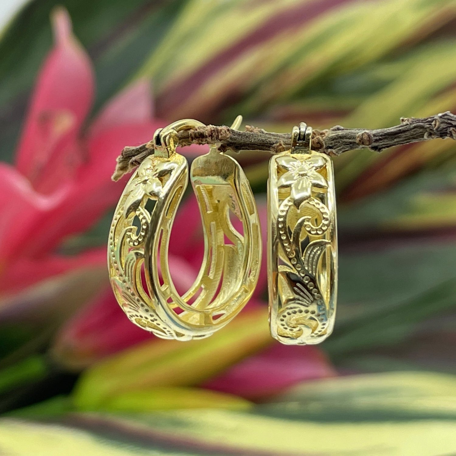 Hawaiian Scroll 3D Cutout Hoop Earrings in Gold Plated over Silver