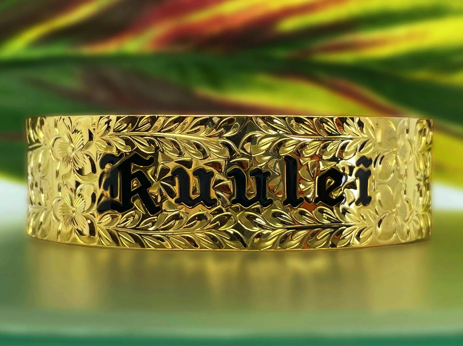 14K Yellow Gold Custom Hawaiian Cut-Out Bangle Bracelet with Double Plumeria