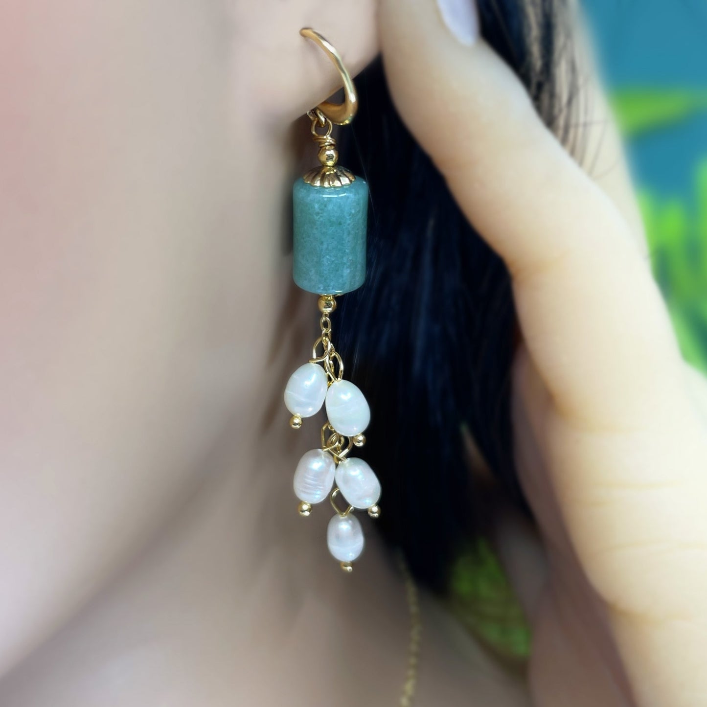 Jade and Freshwater Pearl Dangle Earrings