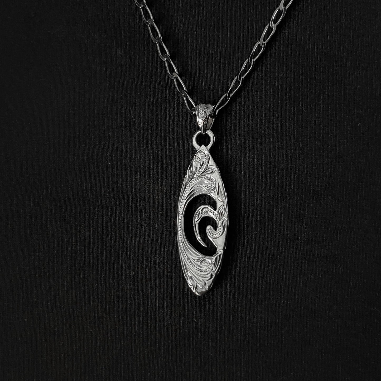 Black Onyx Hawaiian Scroll Surfboard Pendant