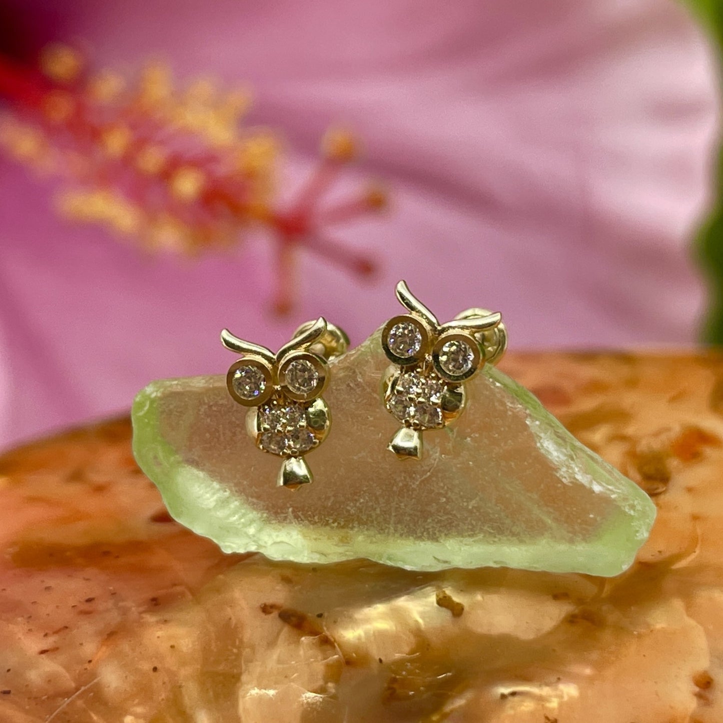 14K Gold Pueo Owl Cutout CZ Earrings