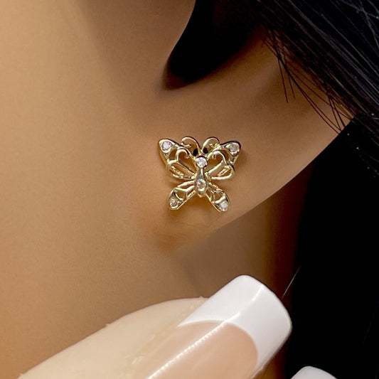 14K Gold Butterfly Cutout CZ Earrings