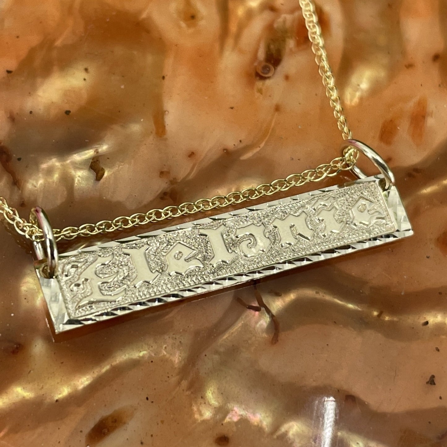 14K Gold Custom Horizontal Bar Pendant w/Chain