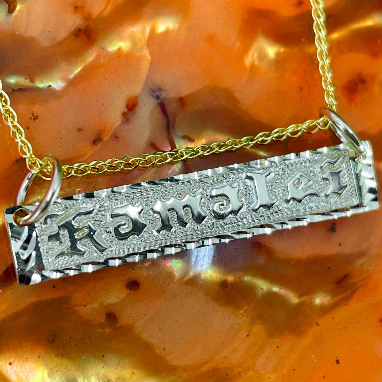 14K Gold Custom Horizontal Bar Pendant w/Chain