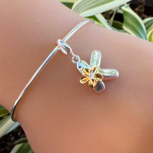 Plumeria CZ Initial Bangle Bracelet