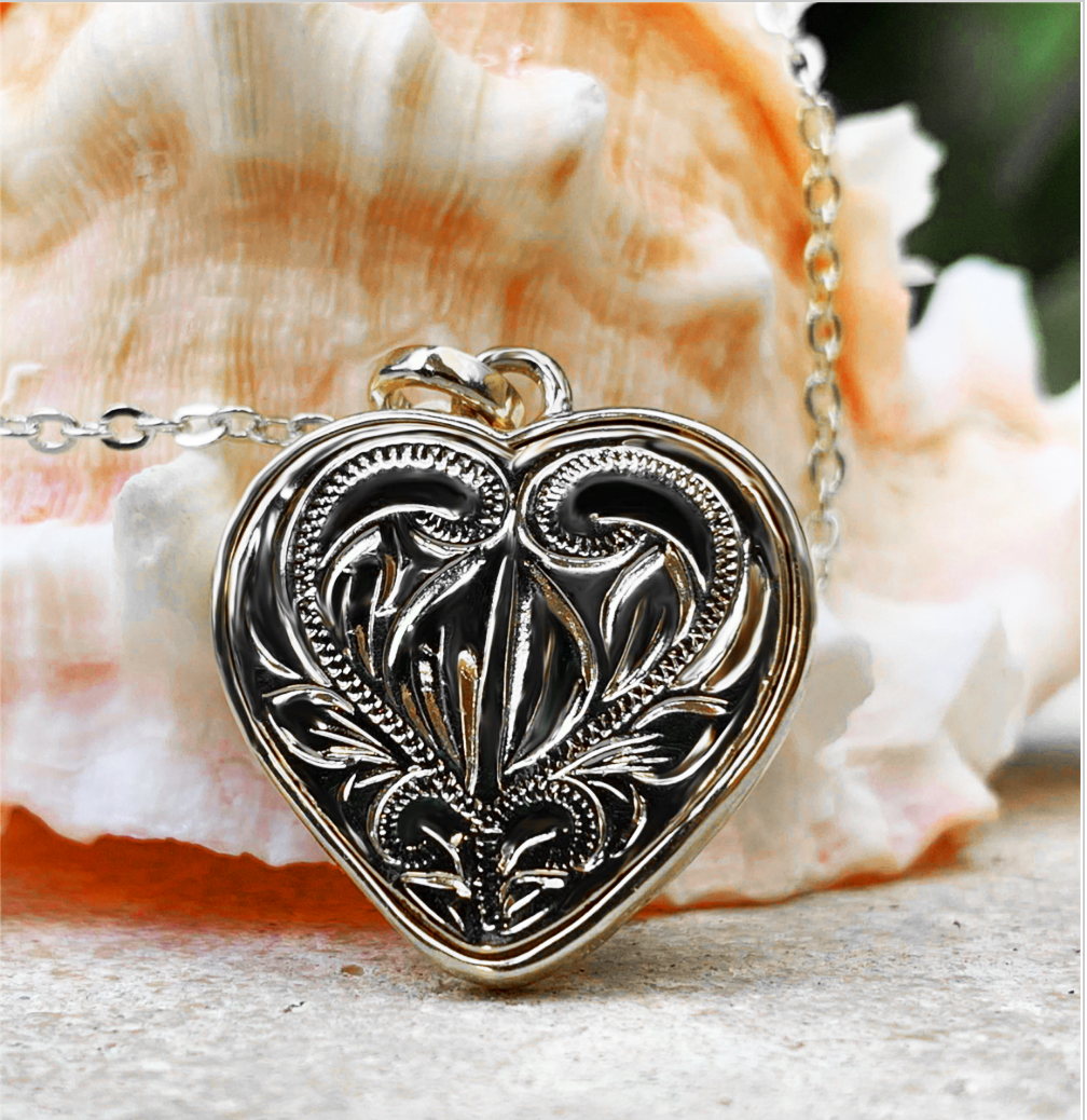 Koa Aloha Heart with 18" Adjustable Chain closeup of back scroll design in silver