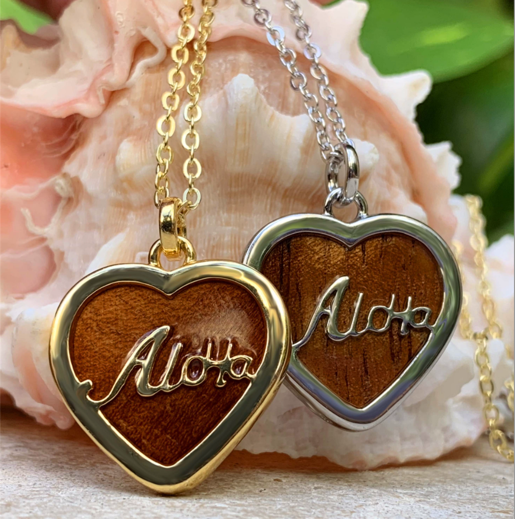 Koa Aloha Heart with 18" Adjustable Chain closeup of front in gold and silver