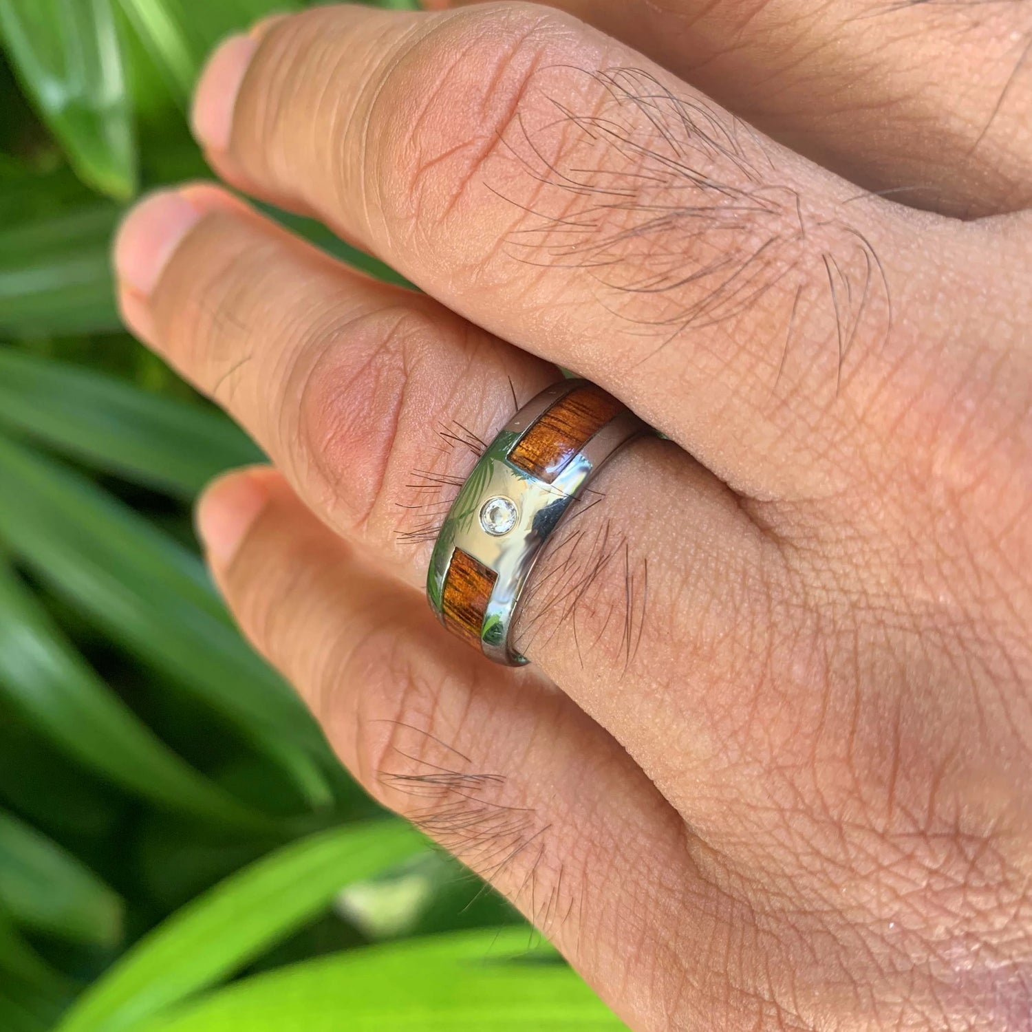 Koa Cubic Zirconia Tungsten Ring on model