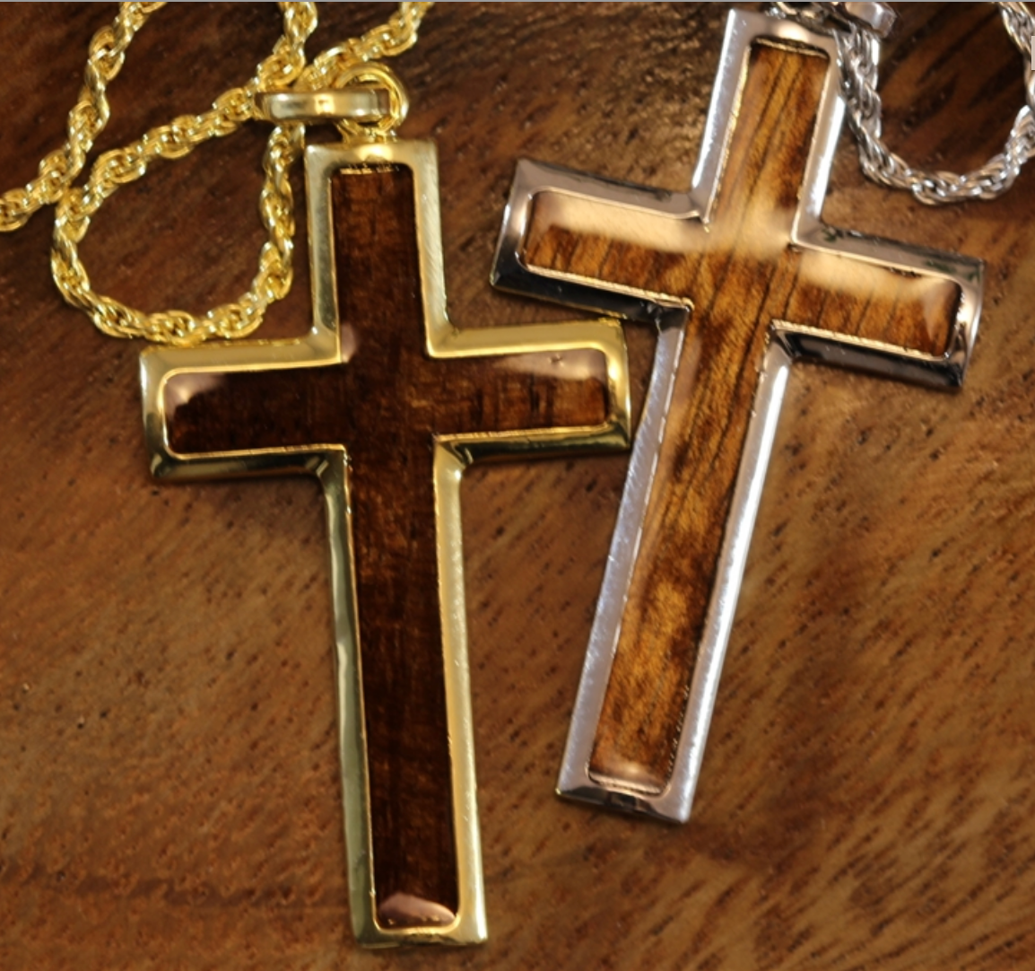 Koa Cross with 20" Rope Chain closeup in gold & silver