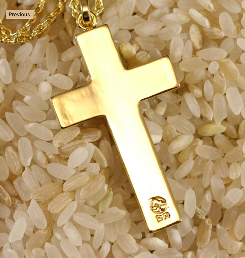 Koa Cross with 20" Rope Chain closeup in gold back