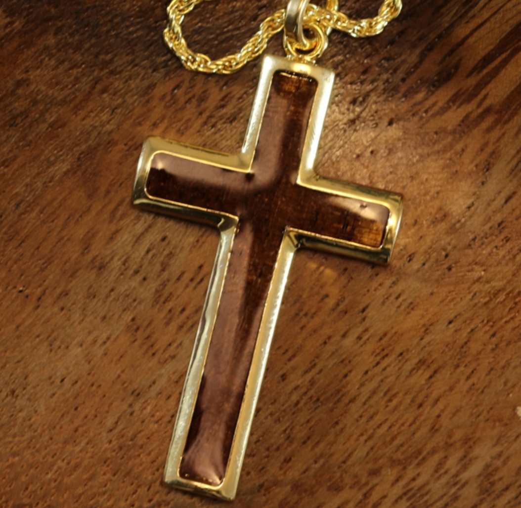 Koa Cross with 20" Rope Chain closeup in gold