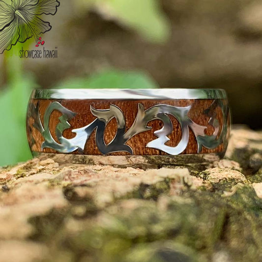 Koa Scroll Fish Hook Stainless Steel ring close up