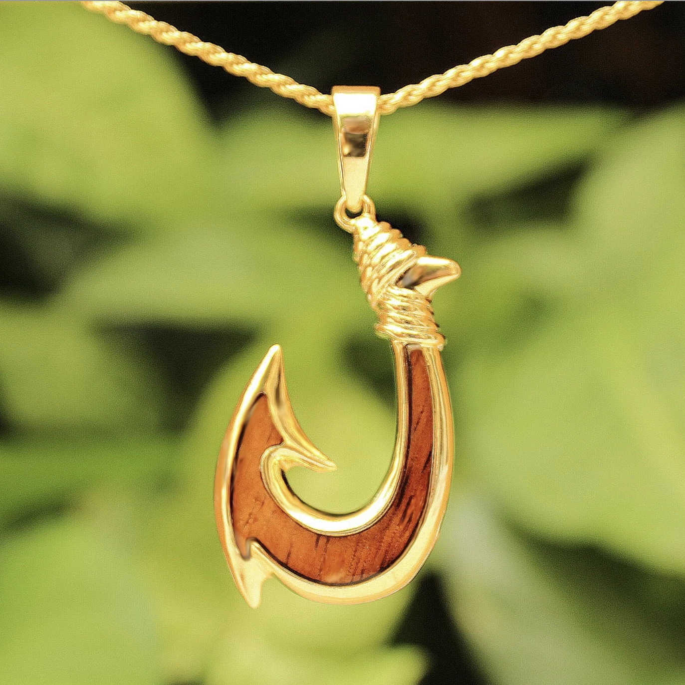 14K Gold Plated over Brass Fish hook Pendant and Chain Closeup