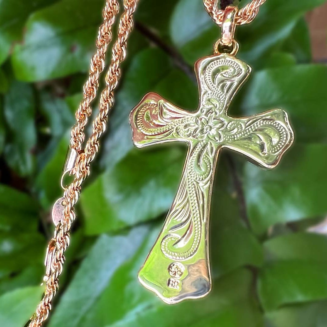 Laau “Wood” Gold Plated Reversible Cross with 24” Gold Filled Rope Chain