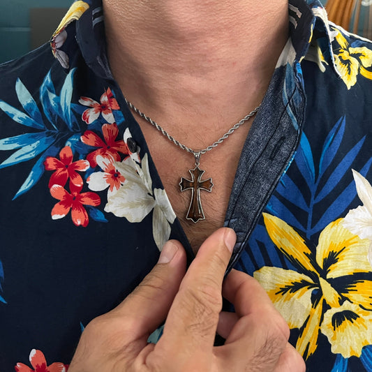 La'au Wood Stainless Steel Cross w/2mm Rope 20" Chain