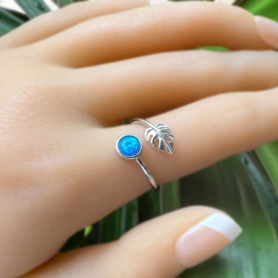 Monstera Leaf Opalite Adjustable Ring