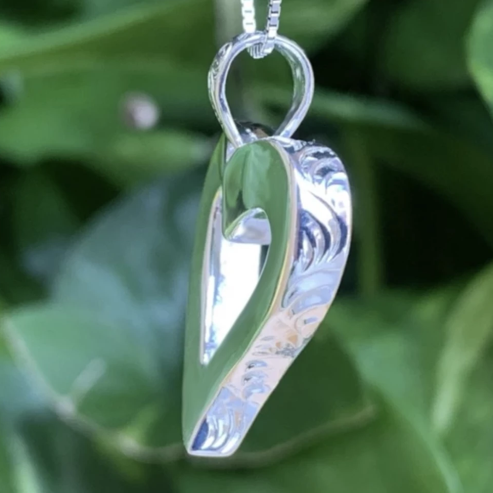 Hawaiian Scroll Open Heart Pendant in .925 Sterling Silver Side View