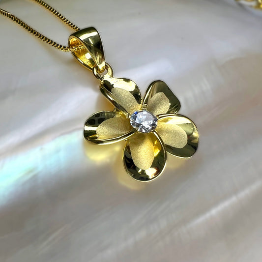 Plumeria Solitaire CZ Pendant w/Chain