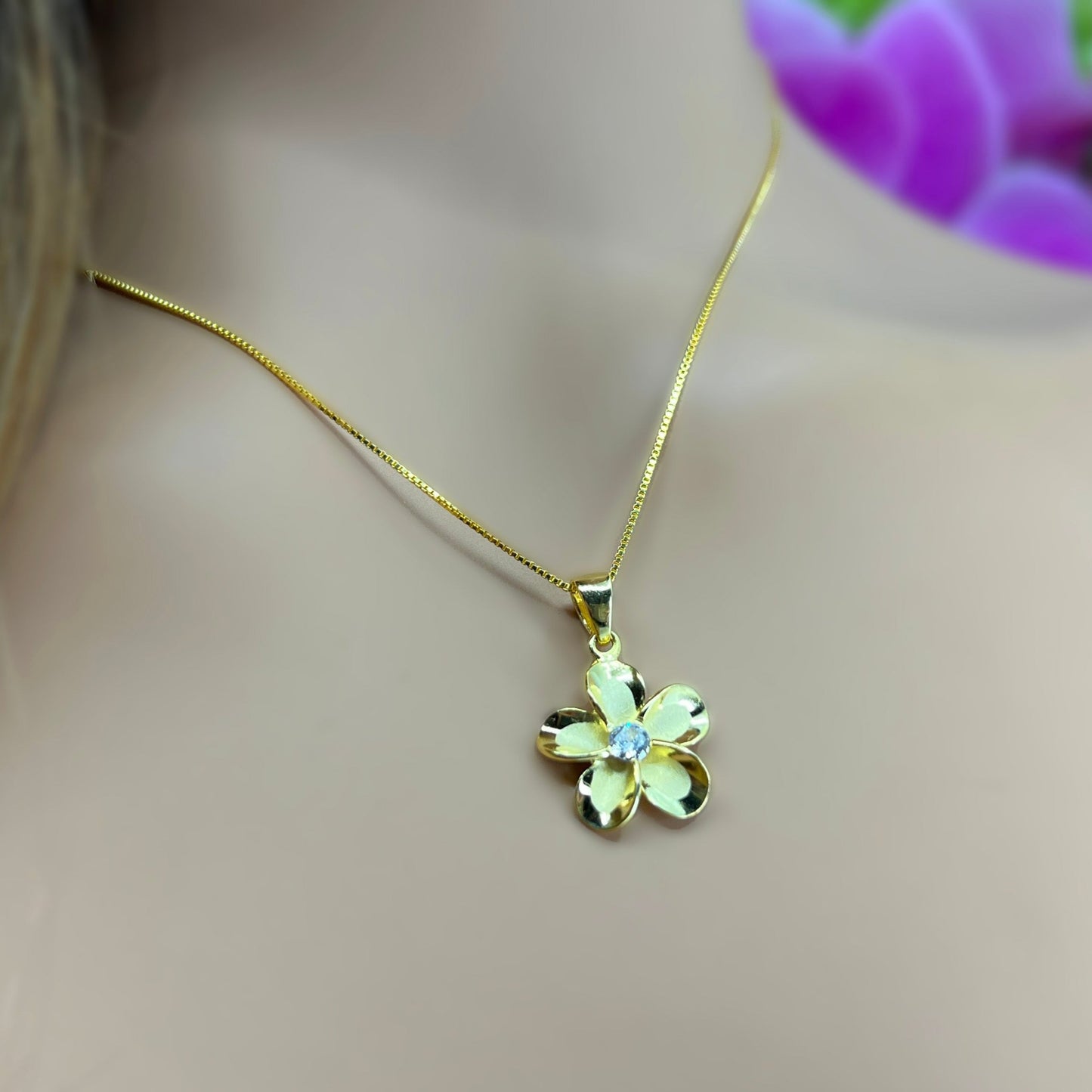 Plumeria Solitaire CZ Pendant w/Chain