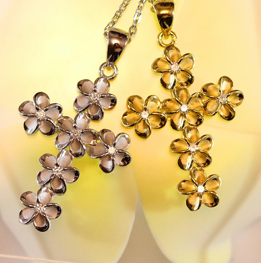Plumeria Cubic Zirconia Cross Closeup Gold & Silver