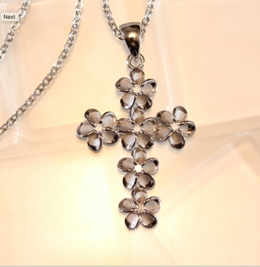 Plumeria Cubic Zirconia Cross Closeup Silver