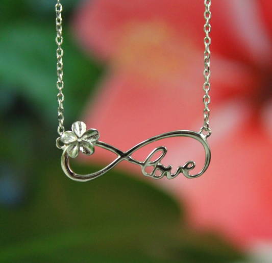 Plumeria Infinity Love Pendant Closeup
