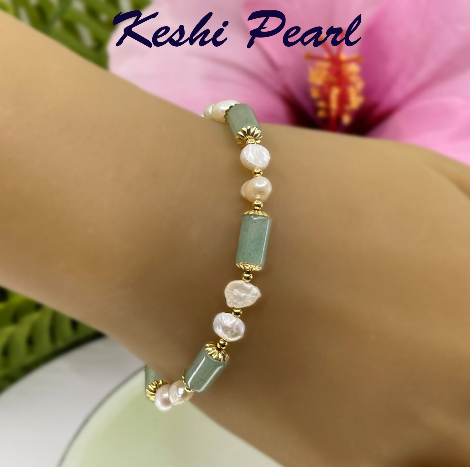 Keshi Pearl and Jade Bracelet