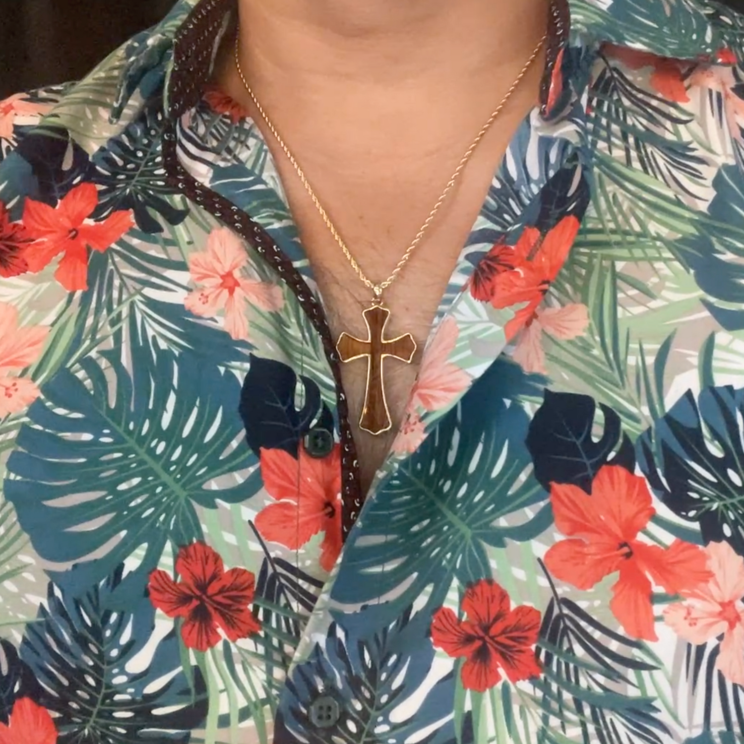 Laau “Wood” Gold Plated Reversible Cross with 24” Gold Filled Rope Chain