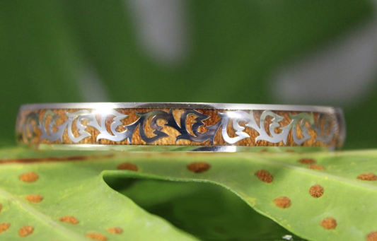 Koa Scroll Fish Hook Stainless Steel Bangle closeup