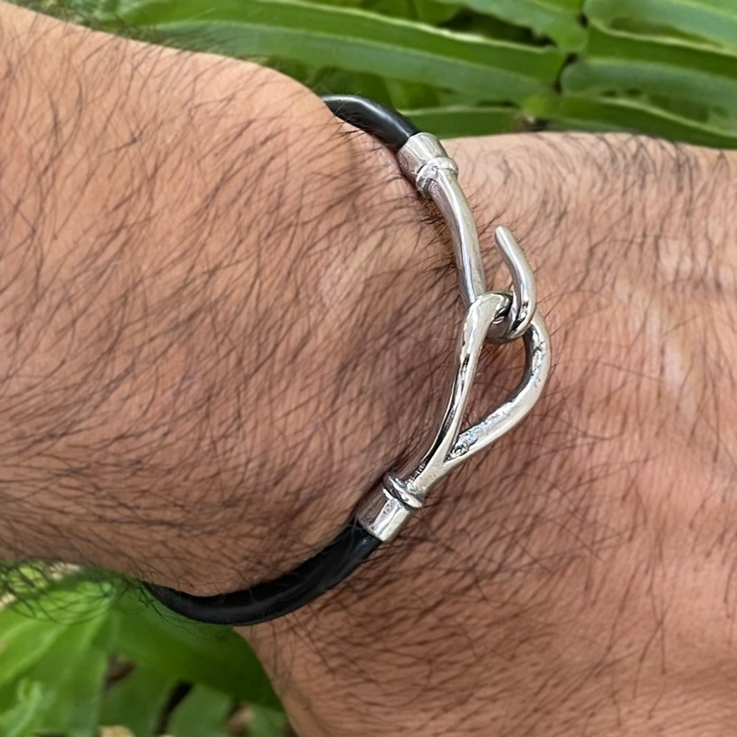 Leather and Silver Fish Hook Bracelet