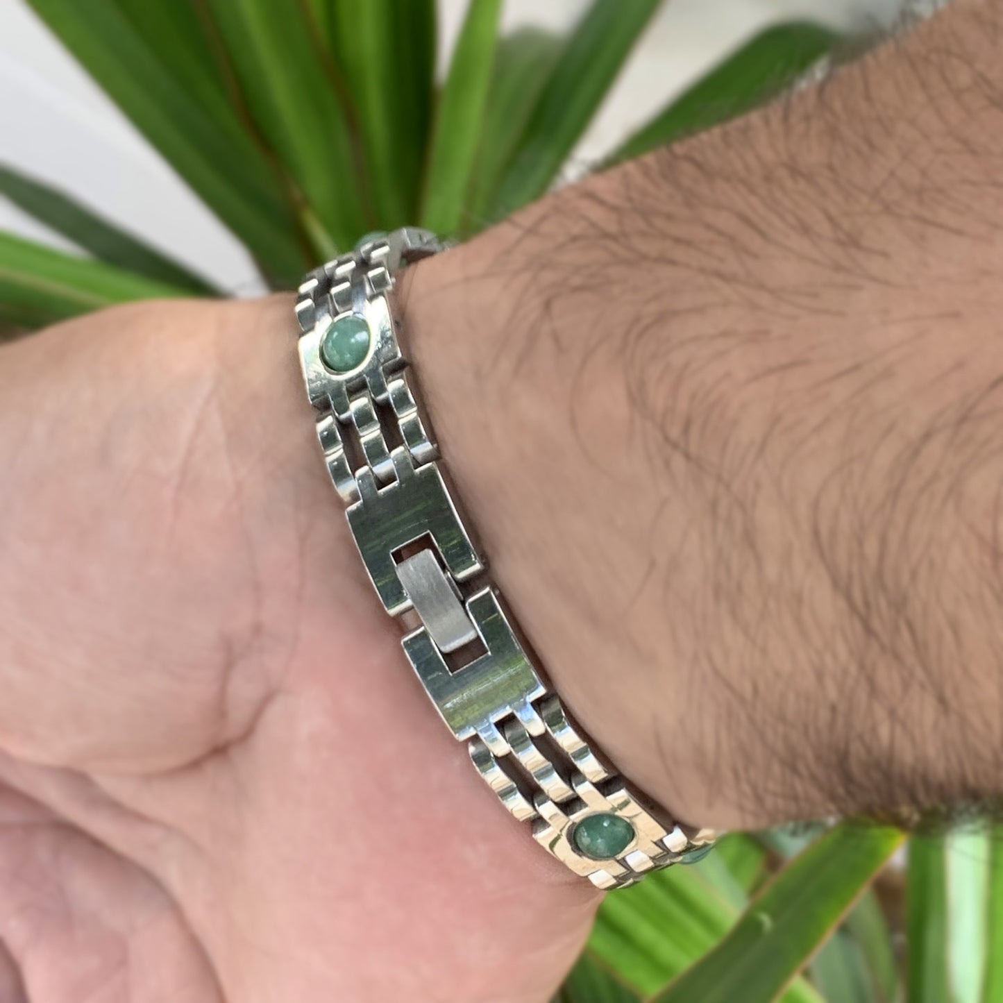 Jade and Stainless Steel Link Bracelet