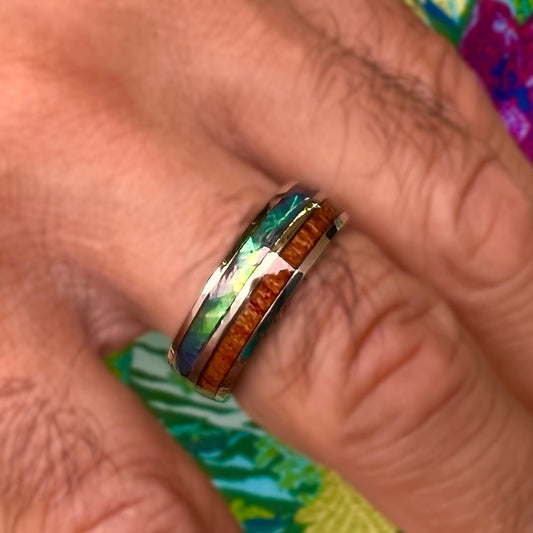 La`au Stainless Steel Paua Shell & Wood Ring