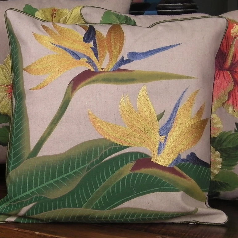 Tropical Flowers Embroidered Pillow Bird of Paradise