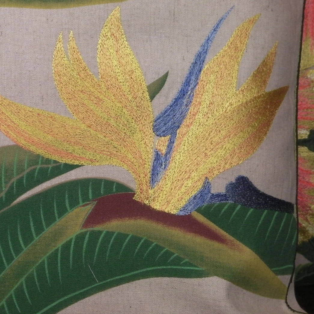 Tropical Flowers Embroidered Pillow Bird of Paradise Closeup