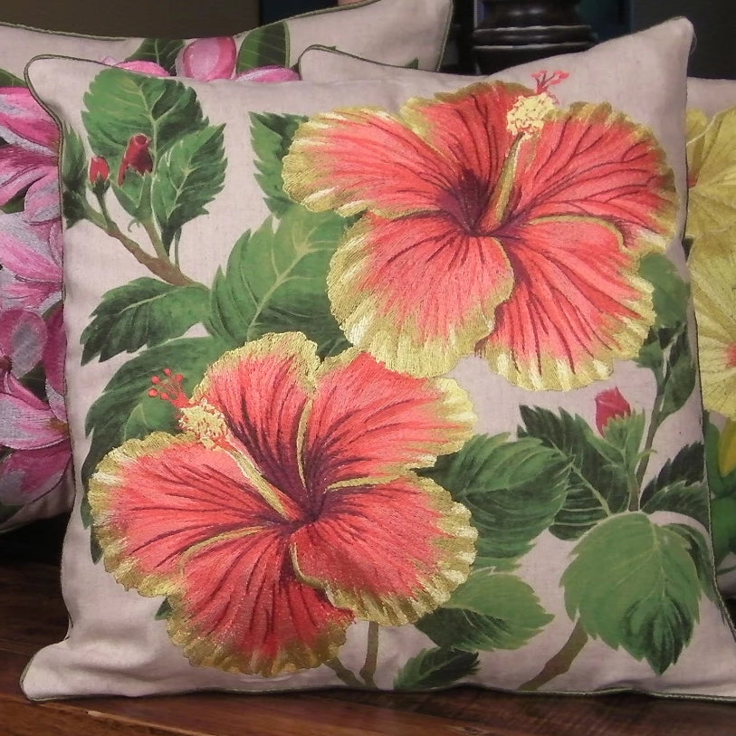 Tropical Flowers Embroidered Pillow Hibiscus