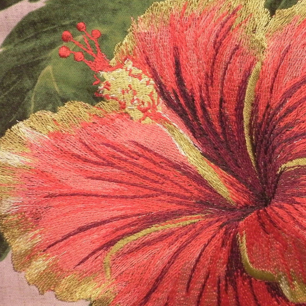 Tropical Flowers Embroidered Pillow Hibiscus Closeup