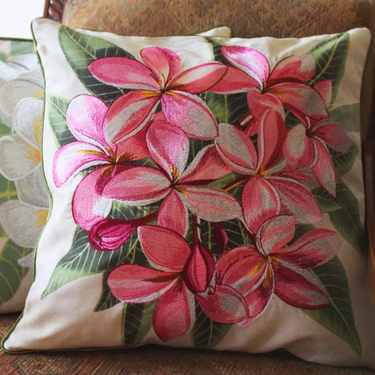 Tropical Flowers Embroidered Pillow Pink Plumeria