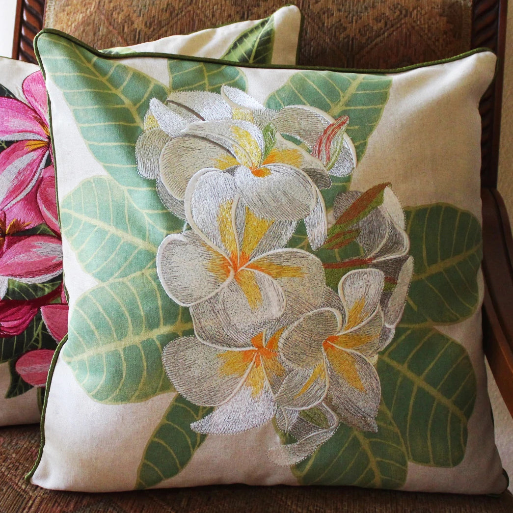 Tropical Flowers Embroidered Pillow White Plumeria
