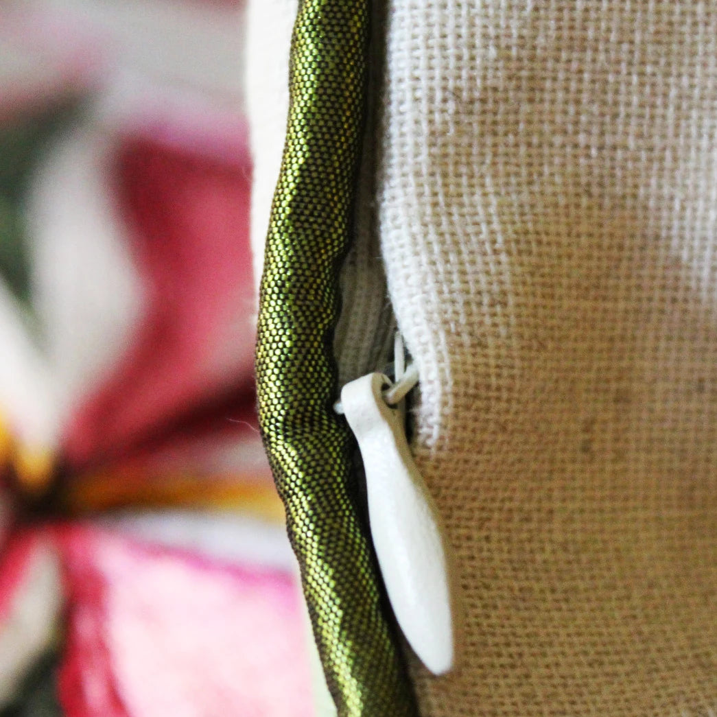 Tropical Flowers Embroidered Pillow Zipper Closeup