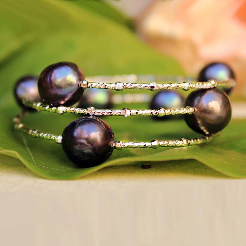 Baroque Pearl Memory Wire Bracelet Black Pearl & Silver Wire